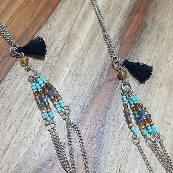 Long Silver & Blue Beaded Chain Necklace Tassel - Picture 6 of 6